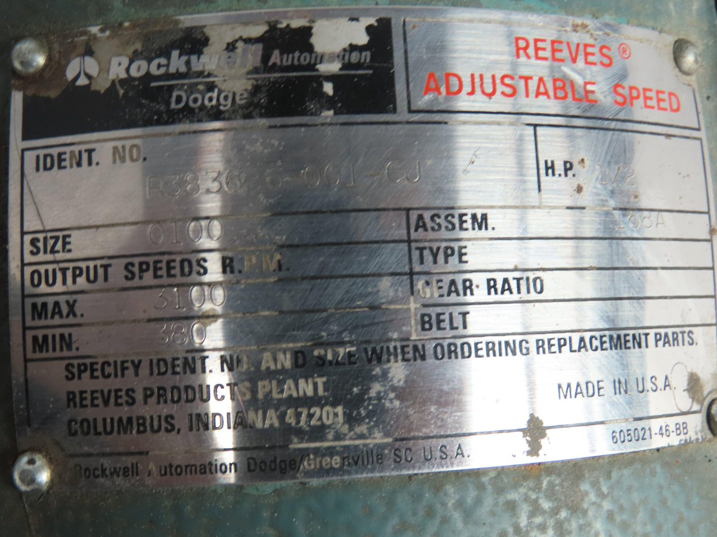 Reeves Adjustable Speed Drive 5:1 Reducer 1Hp 480V Reliance Motor *Incomplete*