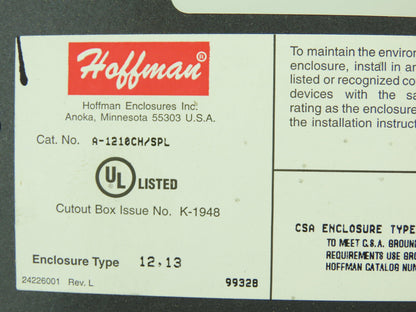 Hoffman A-1210CH/SPL Electrical Enclosure 12"x10"x5" w/Two 4 Amp Motor Starters