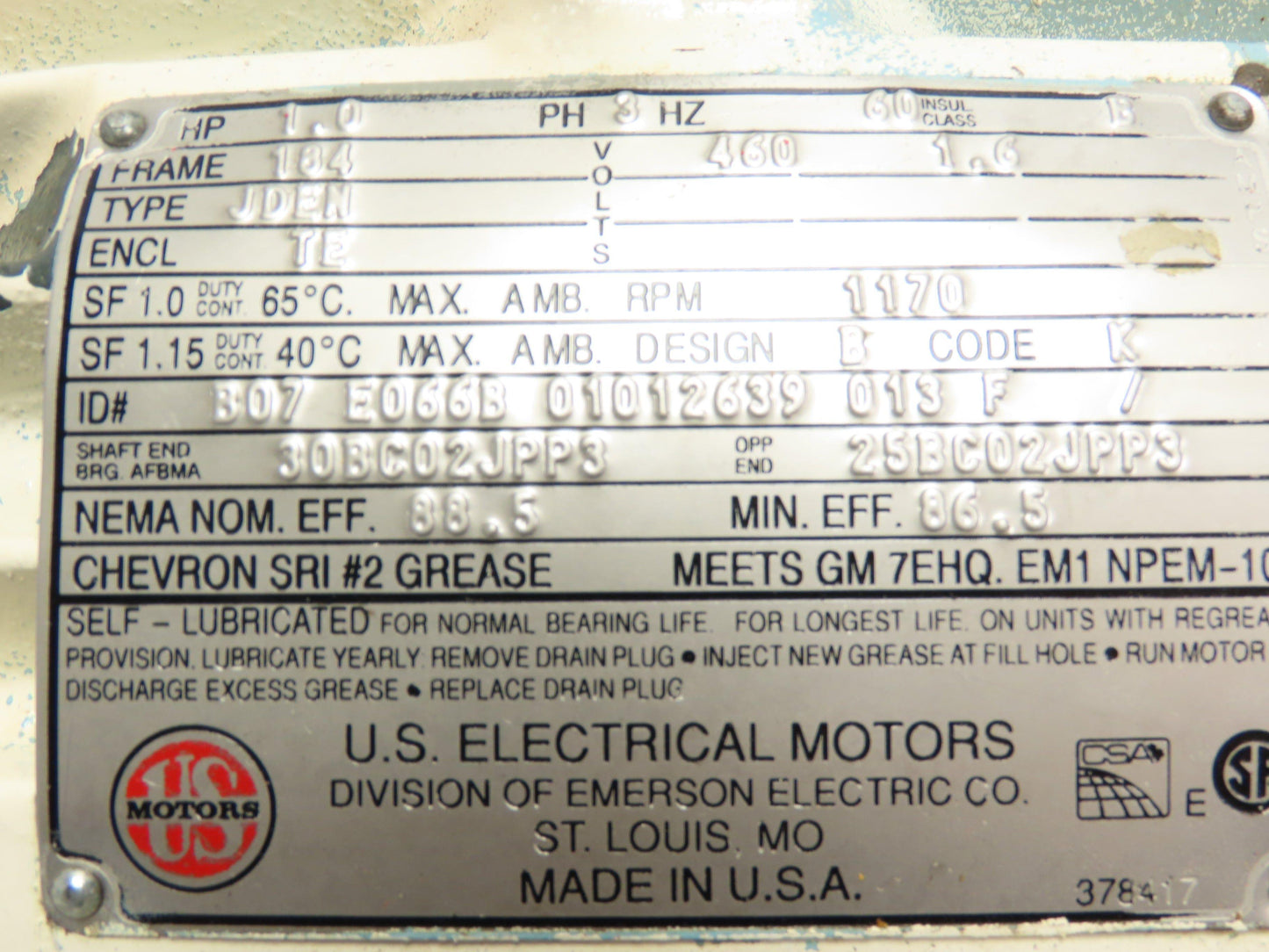US Motors B07 E066B 01012639 013 F 1 HP 3 Phase 480VAC Motor 1170 RPM 184 Frame