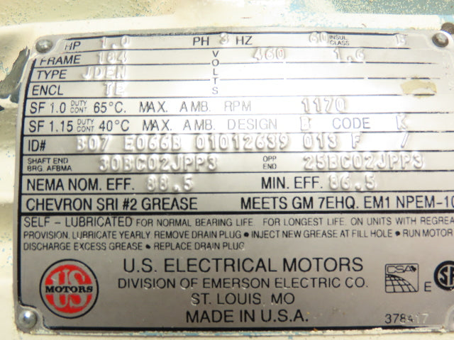 US Motors B07 E066B 01012639 013 F 1 HP 3 Phase 480VAC Motor 1170 RPM 184 Frame