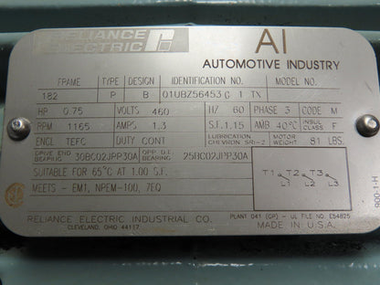 Reliance Electric 01UBZ56453 C 1 TX 3/4 HP .75 Cont. Duty Motor 1165 RPM 480V 3Ø