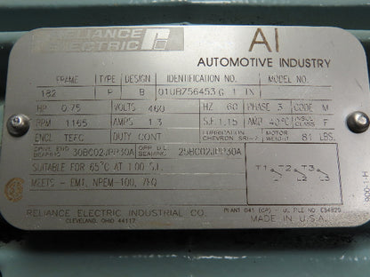 Reliance Electric 01UBZ56453 C 1 TX 3/4 HP .75 Cont. Duty Motor 1165 RPM 480V 3Ø