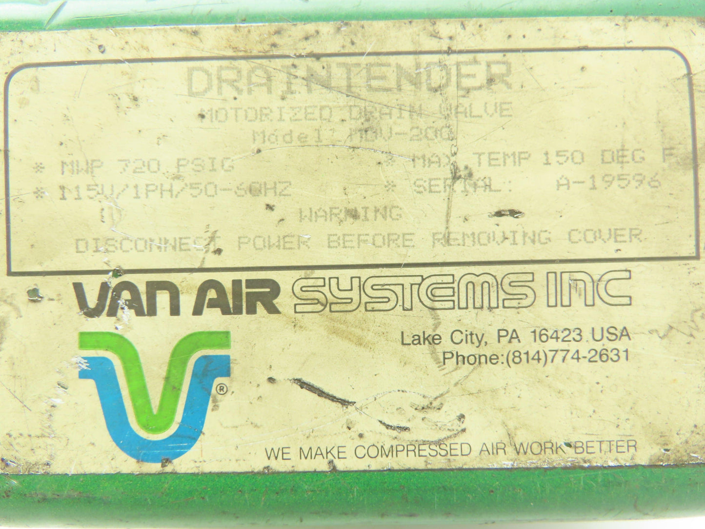 Van Air Systems MDV-200 Hydraulic Draintender Motorized Drain Valve 720psi 115v