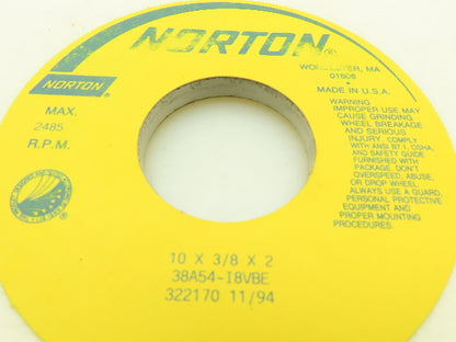 Norton 10 X 3/8 X 2" 38A54-I8VBE Grinding Wheel 2485 RPM Max 322170 11/94