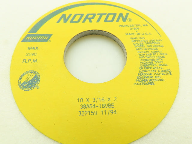Norton 10 X 3/16 X 2 38A54-I8VBE Grinding Wheel 2290 RPM Max 322159 11/94 2" ID