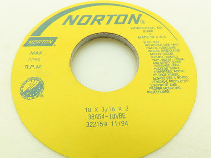 Norton 10 X 3/16 X 2 38A54-I8VBE Grinding Wheel 2290 RPM Max 322159 11/94 2" ID