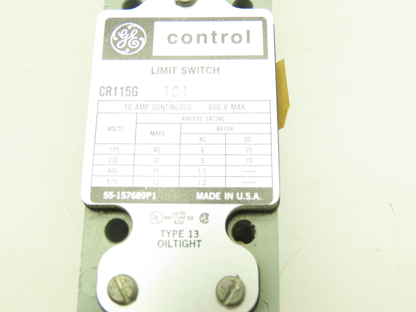 GE General Electric CR115G101 Oiltight Limit Switch 10A 600V w/Lever