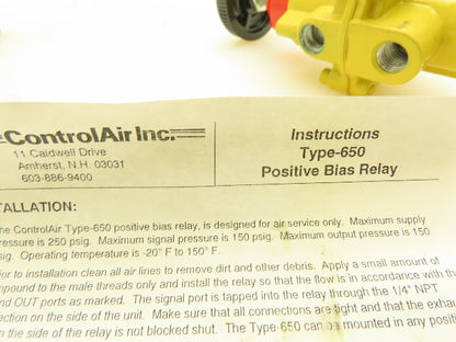 ControlAir Type 650 Positive Bias Relay Pneumatic Air Regulator 150 PSI 1/4" NPT