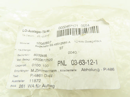 Swagelok SS-45S12MM  12mm Straight Tube Fitting Ball Valve 2500PSI 316 Stainless