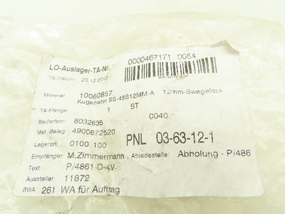 Swagelok SS-45S12MM  12mm Straight Tube Fitting Ball Valve 2500PSI 316 Stainless