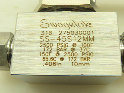 Swagelok SS-45S12MM  12mm Straight Tube Fitting Ball Valve 2500PSI 316 Stainless