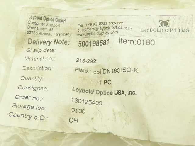 Inficon 215-292 Stainless Piston Ring Vacuum Seal DN 160 ISO-K  16mm ID 40mm OD