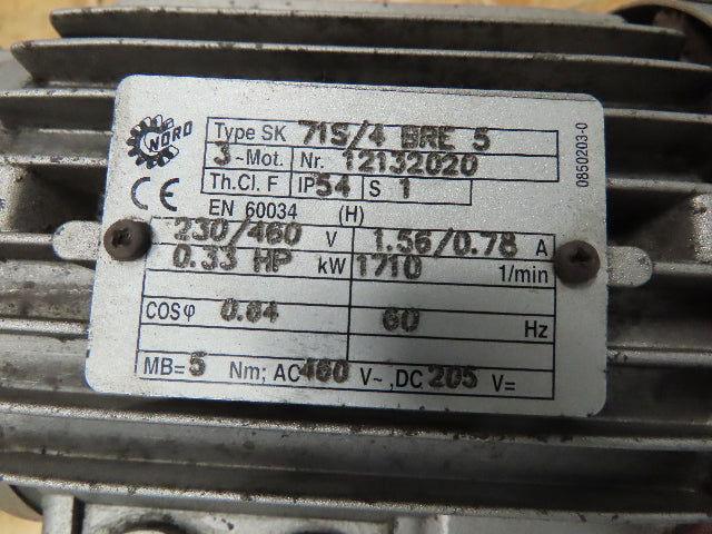 Nord 33N-71S/4 BRE5 Gearmotor 134.02:1 Ratio 230/460V .33HP 1710RPM 1-5/8"Shaft
