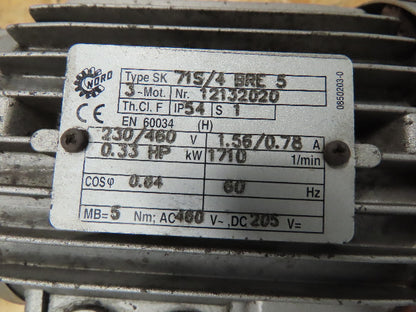 Nord 33N-71S/4 BRE5 Gearmotor 134.02:1 Ratio 230/460V .33HP 1710RPM 1-5/8"Shaft