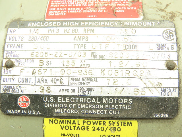 US Motors F-A671-00-936 Electric Motor 1/4 HP 3PH 56C frame 1725rpm 5/8 Shaft