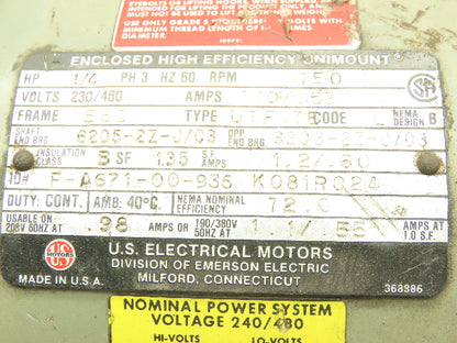 US Motors F-A671-00-936 Electric Motor 1/4 HP 3PH 56C frame 1725rpm 5/8 Shaft