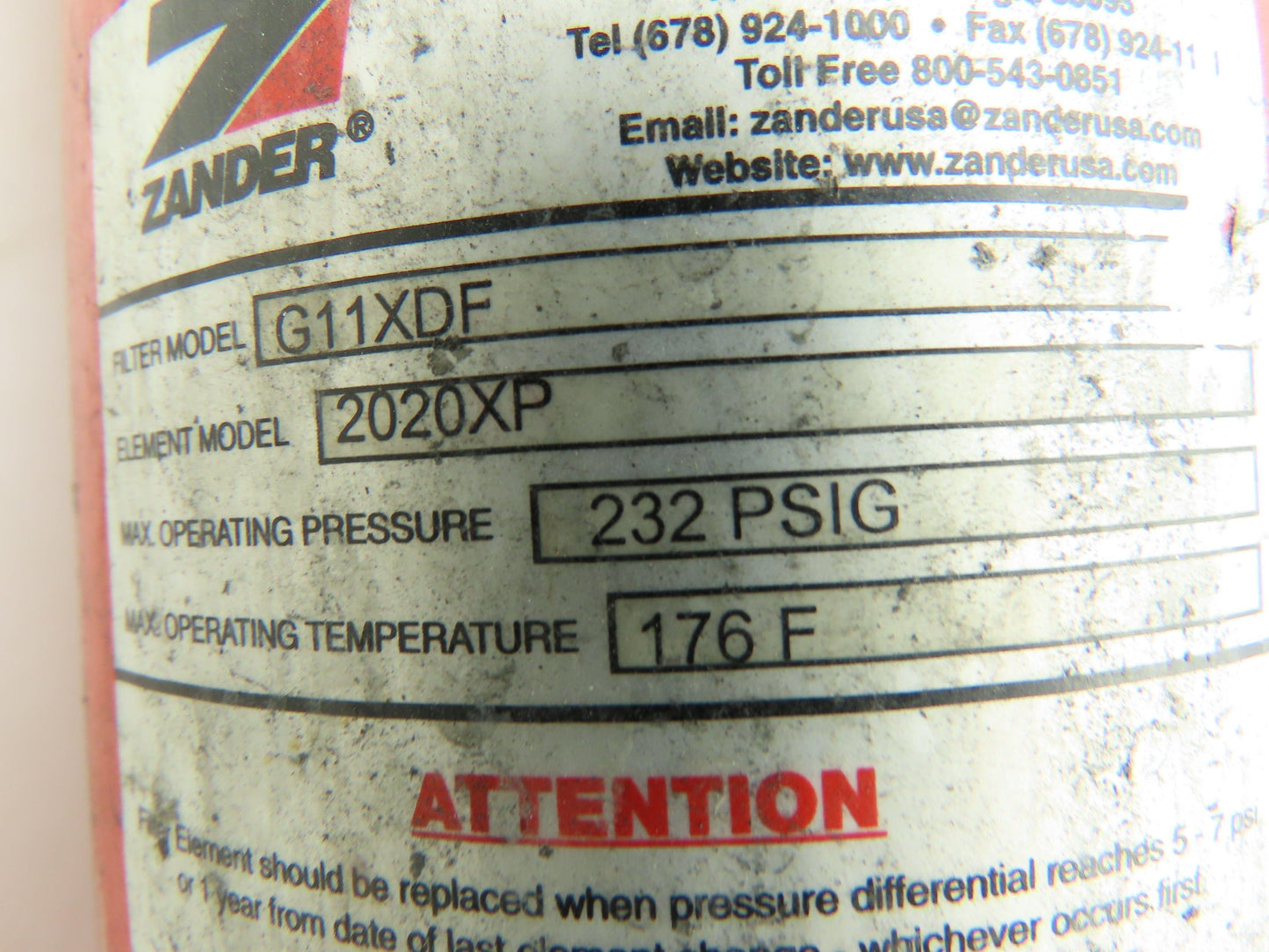 Zander G11XDF In-Line Filter Element Part # 2020XP 232PSI 176 F Max 1" NPT Ports