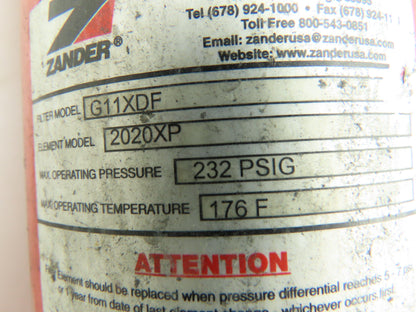Zander G11XDF In-Line Filter Element Part # 2020XP 232PSI 176 F Max 1" NPT Ports