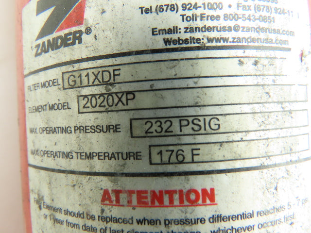 Zander G11XDF In-Line Filter Element Part # 2020XP 232PSI 176 F Max 1" NPT Ports