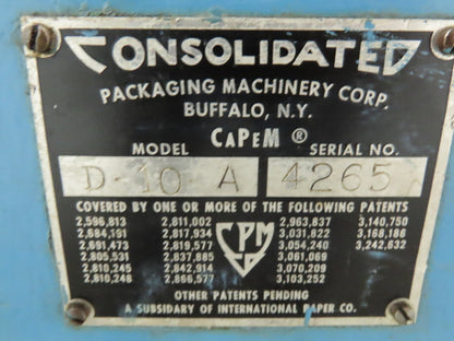 Consolidated Packaging Machinery CaPeM D-10-A Automated Bottle Capping Machine