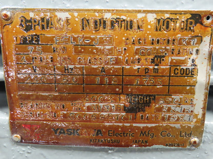 Yaskawa VS Coupling 75 Hp. Motor Eddy-Current Type Variable Speed 165-1650 Rpm.