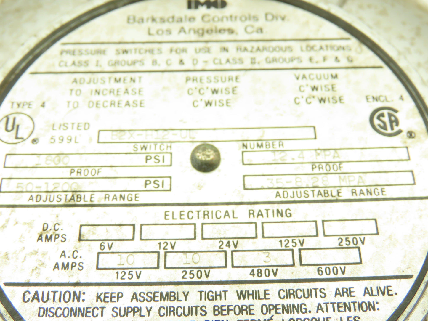 Barksdale B2X-H12-UL Pressure Switch 50-1800PSI Hazardous Location