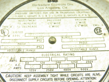 Barksdale B2X-H12-UL Pressure Switch 50-1800PSI Hazardous Location