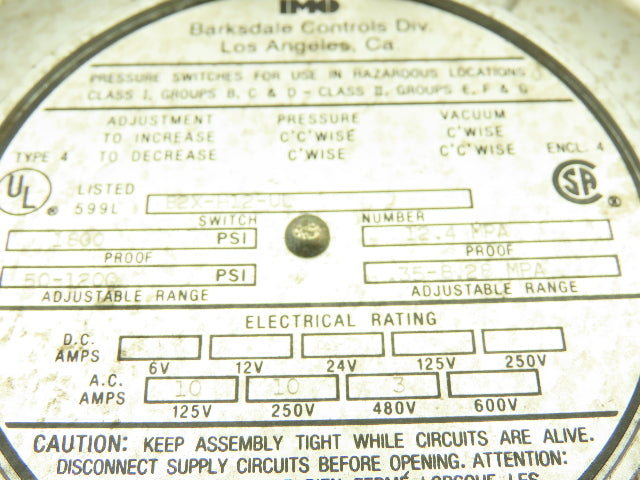 Barksdale B2X-H12-UL Pressure Switch 50-1800PSI Hazardous Location