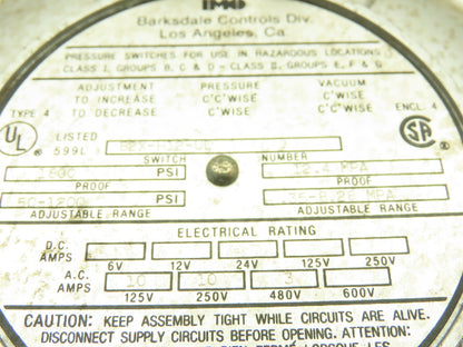 Barksdale B2X-H12-UL Pressure Switch 50-1800PSI Hazardous Location