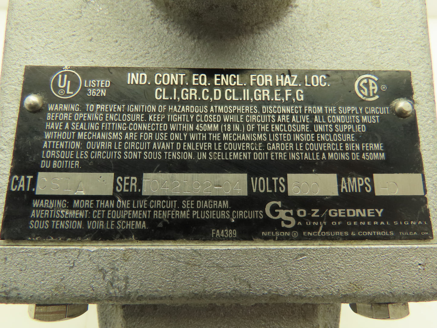 Oz Gedney CS1A Explosion-Proof Switch Enclosure W/ Cover 600V Hazardous Location