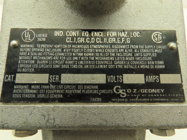 Oz Gedney CS1A Explosion-Proof Switch Enclosure W/ Cover 600V Hazardous Location