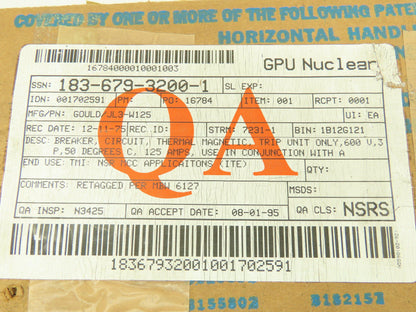 I-T-E JL3 W125 Circuit Breaker Trip Unit 125A 3P 600V Adj Magnetic Trip 400 Fr