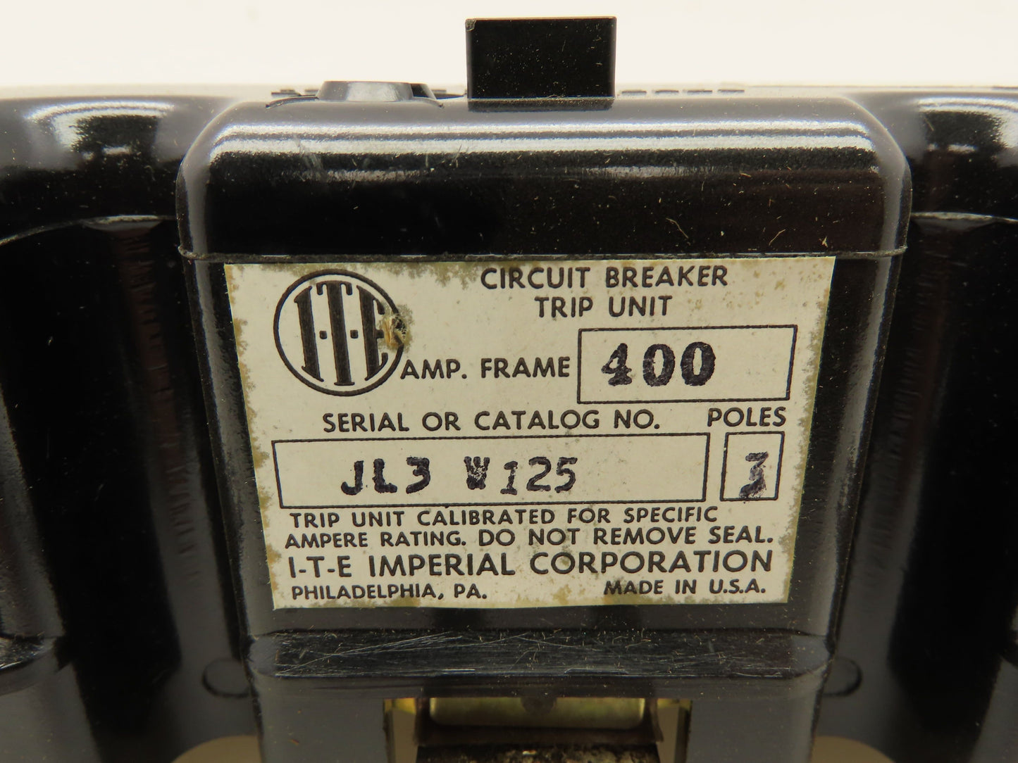 I-T-E JL3 W125 Circuit Breaker Trip Unit 125A 3P 600V Adj Magnetic Trip 400 Fr