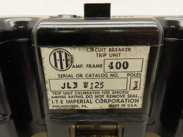 I-T-E JL3 W125 Circuit Breaker Trip Unit 125A 3P 600V Adj Magnetic Trip 400 Fr