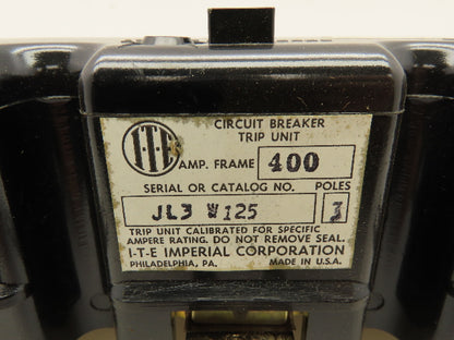 I-T-E JL3 W125 Circuit Breaker Trip Unit 125A 3P 600V Adj Magnetic Trip 400 Fr