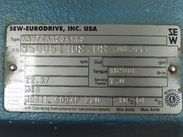 Sew-Eurodrive KA97TAM284-KS Speed Reducer Gear Box 78 rpm 22.37 to 1 Ratio 23 Hp