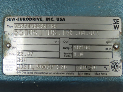 Sew-Eurodrive KA97TAM284-KS Speed Reducer Gear Box 78 rpm 22.37 to 1 Ratio 23 Hp