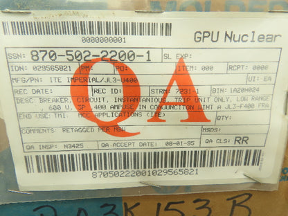 I-T-E JL3-U400 Circuit Breaker Trip Unit 400A 3P 600V Adj Magnetic Trip 400 Fr