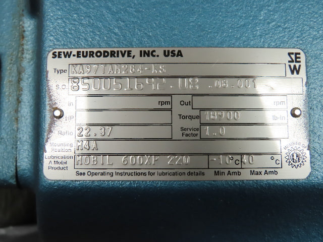 Sew-Eurodrive KA97TAM284-KS Speed Reducer Gear Box 78 rpm 22.37 to 1 Ratio 23 Hp