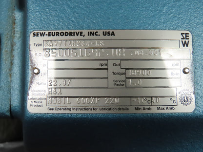 Sew-Eurodrive KA97TAM284-KS Speed Reducer Gear Box 78 rpm 22.37 to 1 Ratio 23 Hp