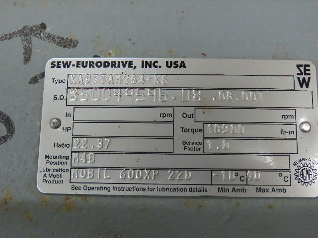 Sew-Eurodrive KA97TAM284-KS Speed Reducer Gear Box 78 rpm 22.37 to 1 Ratio 23 Hp