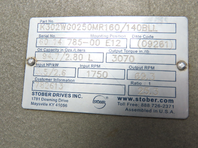 Stober K302WG0250MR160/140BLL Gear Reducer 3.5 hp 69.3 rpm W/1 hp Motor 25.3 : 1