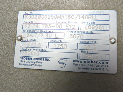 Stober K302WG0250MR160/140BLL Gear Reducer 3.5 hp 69.3 rpm W/1 hp Motor 25.3 : 1