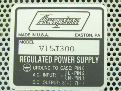 Acopian V15J300 Regulated Power Supply Input: 105-125V Output: 15V
