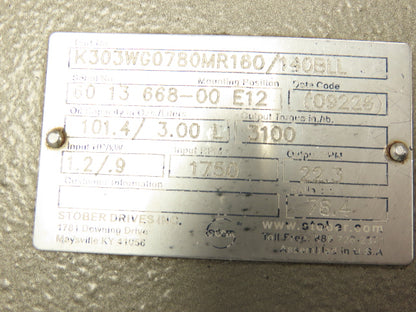 Stober K303WG0780MR160/140BLL Gear Reducer 1.2 hp 22.3 rpm W/ 1 hp Motor 78.4 :1