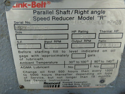 Link Belt D180-IUVS-LC-2-28 28:41 20HP Parallel Shaft/Right Angle Speed Reducer