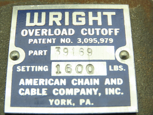 American Chain & Cable Company 39169 Wright Overload Cutoff Setting 1600lbs