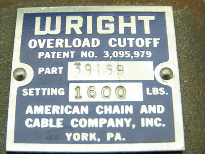 American Chain & Cable Company 39169 Wright Overload Cutoff Setting 1600lbs