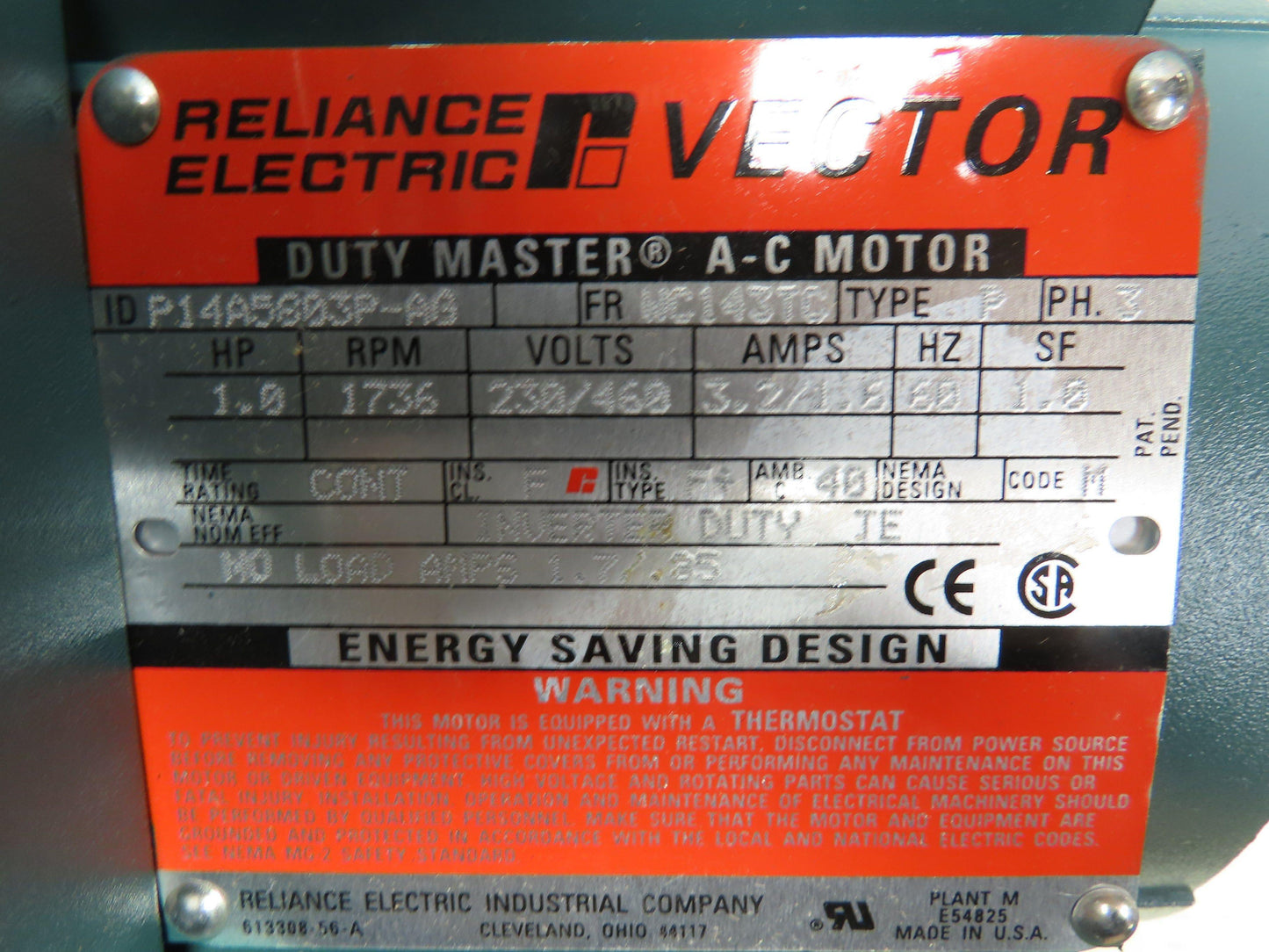 Reliance P14A5803P Inverter Duty Motor 1Hp 3Ph 460V 143TC w/Encoder 607980-71F