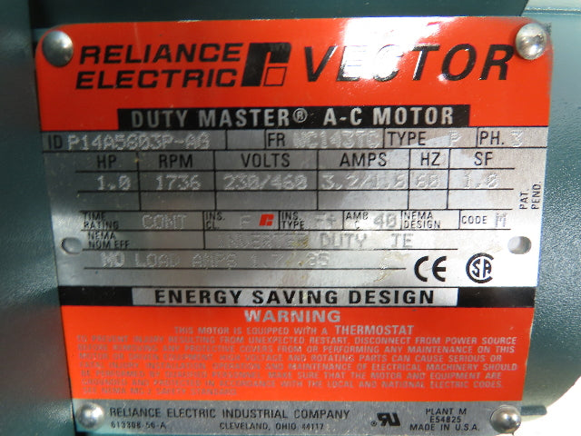 Reliance P14A5803P Inverter Duty Motor 1Hp 3Ph 460V 143TC w/Encoder 607980-71F
